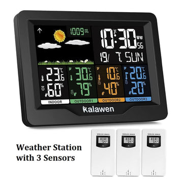 Kalawen Weather Station with 3 Outdoor Sensors, Wireless Indoor Outdoor Weather Forecast Station with Color LCD Display Alarm Clock Barometer Temperature Humidity Monitor - Imported from UK